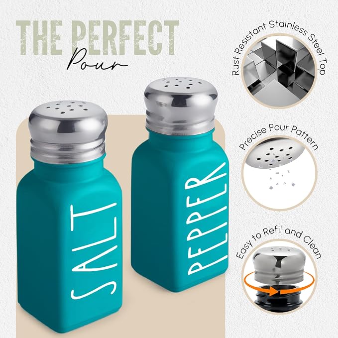 Teal Salt and Pepper Shakers Set by Brighter Barns - Turquoise Kitchen Decor & Turquoise Kitchen Accessories - Cute Modern Farmhouse Glass Shakers for Restaurants Wedding & Stainless Steel Lid (Teal) - Image 3