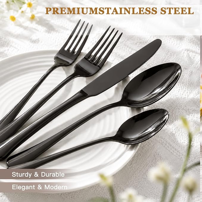 Astercook 24-Piece Black Silverware Set with Steak Knives Flatware Set for 4 Food-Grade Stainless Steel Cutlery Set Mirror Polished Utensils Set Include Spoons and Forks for Home Kitchen Restaurant - Image 3