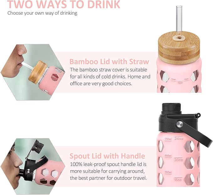 MUKOKO 24oz Glass Water Bottle with 2 Lids-Handle Flip Lid&Bamboo Straw Lid,Motivational Water Tumbler with Time Marker Reminder and Silicone Sleeve, Leakproof-Pink