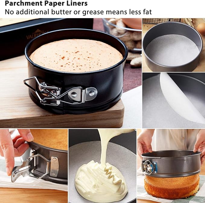 MASSUGAR Springform Pan 4 Pack 4-Inch Mini Cake Pan with 50 Pcs Parchment Paper Liners, Nonstick Leakproof Cheesecake Pan for Mini Cheesecakes Pizzas and Quiches - Image 4