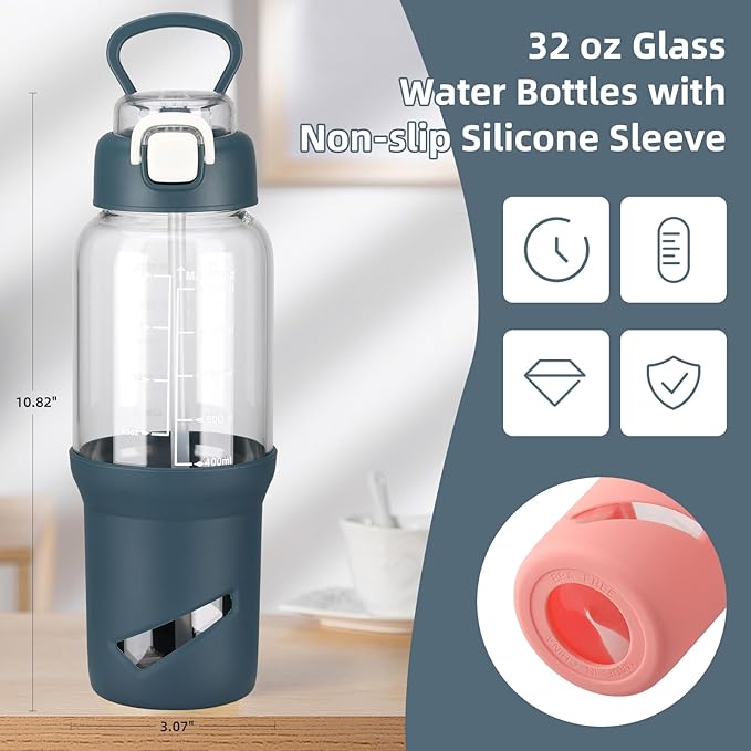 SIEROZUR 32 oz Glass Tumbler with Straw, Glass Water Bottles with 2 Lids-Handle Spout Lid & Straw Lid, 1 Liter Motivational Water Bottles, Silicone Sleeve, Fits Car Cup Holder,Dark Blue