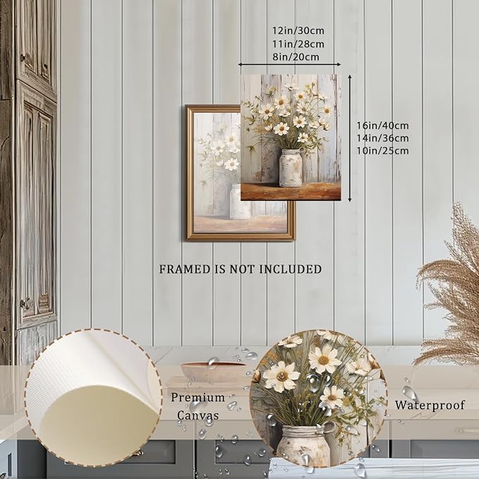 XOCUUI Vintage Canvas Wall Art, Modern Gallery Decor Print White Daisy Flower With Leaf In Bottle Theme Picture Artwork For Walls Ready for Kitchen Bedroom Decor Size 8x10 - Image 3