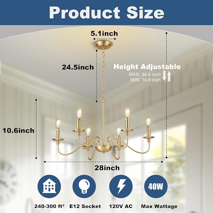 Depuley Gold Chandelier Light Fixture: 6-Light Modern Farmhouse Chandelier for Dining Room Lighting - Industrial Hanging Pendant Lights Kitchen Island - Vintage Iron Candle Chandeliers for Foyer - Image 2