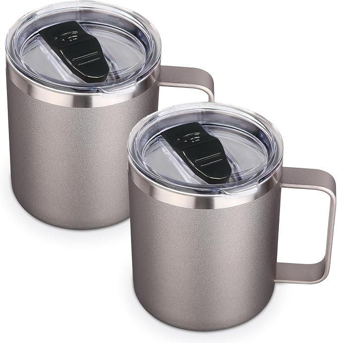 Volhoply 14oz Insulated Stainless Steel Coffee Mug with Lid Bulk 2 Pack,Double Wall Vacuum Travel Coffee Cup with Handle,Reusable Metal Cups Tumbler,Camping Mugs Keep Hot,Ideal Gifts(Gray,2 Set) by LiveFully%EF%BC%8CDrinkFreely%E2%80%94KeepGoingwithVolhoply%EF%BC%81