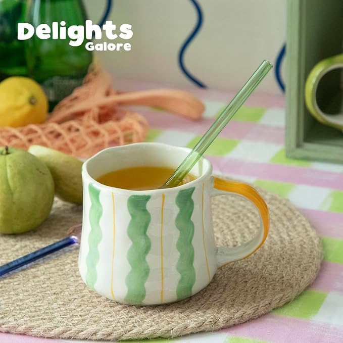 Striped Ceramic Coffee Mug Set of 2 (16oz) - Handmade Look Tea Cups with Yellow/Green Handles, Microwave Safe, Durable Daily Drinkware - Image 5