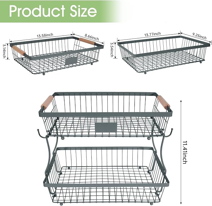 Fruit Basket Bowl 2 Tier Detachable with 2 Banana Hangers, Fruit Stand Holder for Kitchen Countertop, Metal Wire Vegetable Storage Organizer, for Bread Snack Veggies Produce, gray - Image 2
