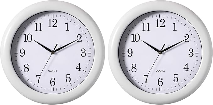 Set of 2 13.75 Inch Plastic White Round Silent, Non-Ticking Battery Operated Simple Modern Analog Wall Clock. Perfect for Office, Classroom, Living Room, Dining Room, Bed Room and Kitchen Wall Decor. by Clockswise