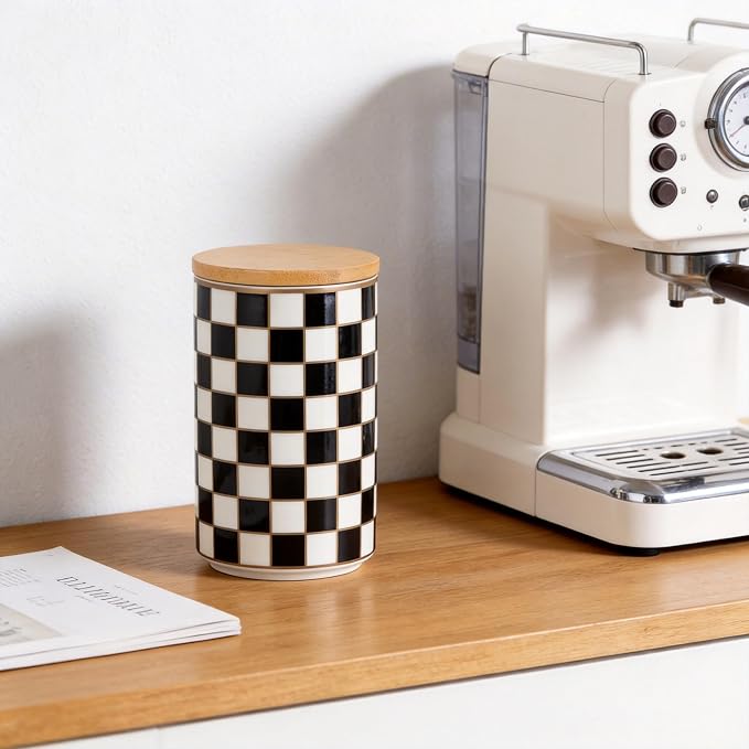 Kitchen Countertop Ceramic Checkered Canisters,Black And White Food Storage Containers With Lid,Airtight Kitchen Canisters for Flour, Sugar, Coffee, Tea, and Dry Goods (Black, Large) - Image 5