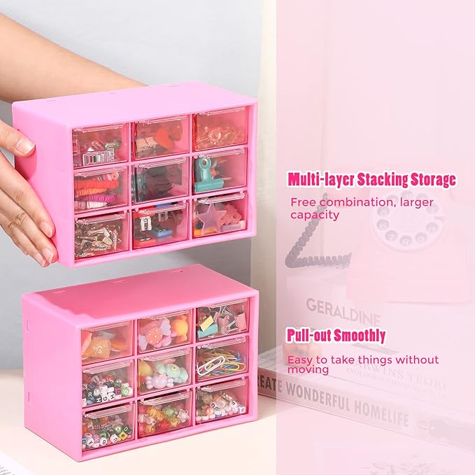 Marsui 4 Pack Desktop Storage Organizer with 9 Drawers Craft Organizer with Mini Drawers Plastic Organizers and Storage Containers for Craft Art Jewelry Cosmetics Sewing Supplies Accessory(Rose Pink)