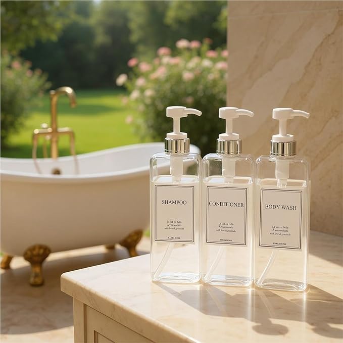 Modern Design Large 27 oz Shampoo and Conditioner Dispensers - Plastic Refillable Pump Bottle Set for Bathroom Shower Soap Dispenser, Includes 6 Waterproof Labels, Set of 3 (Clear & Silver)