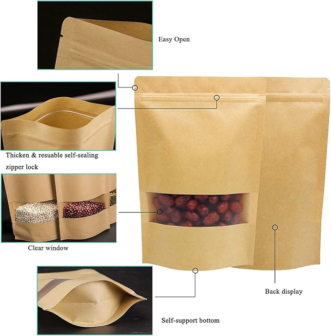 100pcs Kraft Paper Treat Bags with Window, Ziplock Stand Up Pouches for Packing Food Cookies Snacks - Image 6