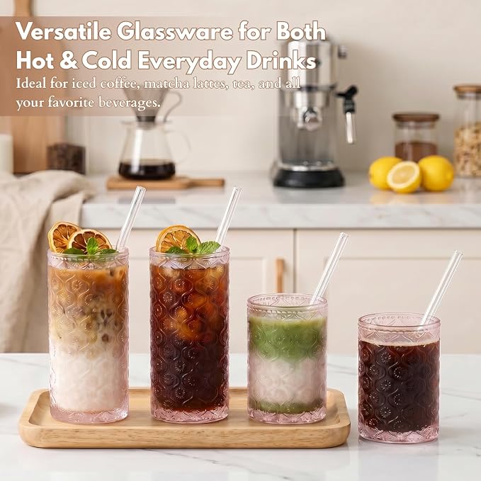 Pink Drinking Glasses Set of 8, 12 Oz Highball & 10 Oz Cocktail Glasses with Straws, Thick Glass Iced Coffee Cups, Floral Embossed Kitchen Vintage Glassware Set for Water, Beer, Juice, Whiskey - Image 4