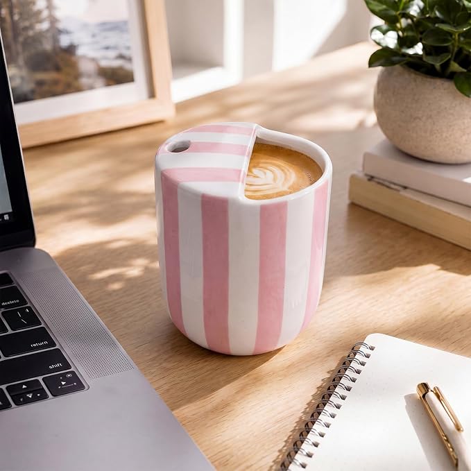 Ceramic Mug with Sip Hole 10 oz Novelty Pink Striped Ceramic Coffee Mug Hand Painted Travel Mugs Heat Resistant Non Slip Built in One Lid Handcraft Mugs for Coffee Lovers Appreciation Gift - Image 5