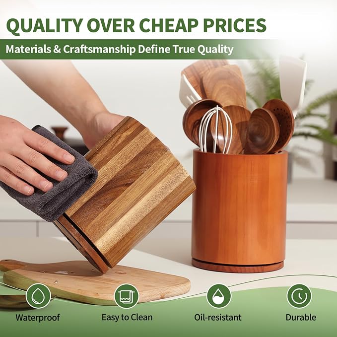 Acacia Wood Utensil Holder, 360° Rotating 7.3 in Kitchen Organizer | Rustic farmhouse countertop decor. Rotating base for easy access to spatulas, spoons, and cooking utensils. 7.3-inch capacity - Image 4