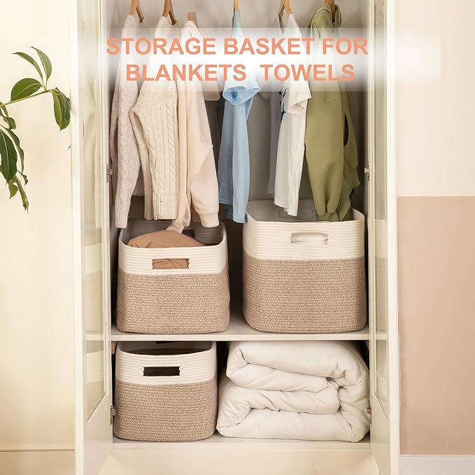 Extra Large Blanket Basket, Toy Basket Bin for Kids, Cotton Rope Woven Storage Basket for Living Room, Nursery, Baby Room Decorative Organizer, 24''×16''×15'', Brown & White