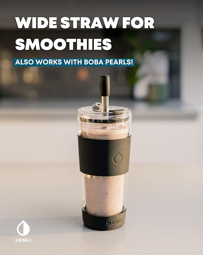 19 oz. Double Wall Glass Coffee Tumbler, To Go Travel Mug with Lid, Portable Glass Thermos with Straw, Reusable Cup, Tea, Smoothies, Ice Coffee, and Boba