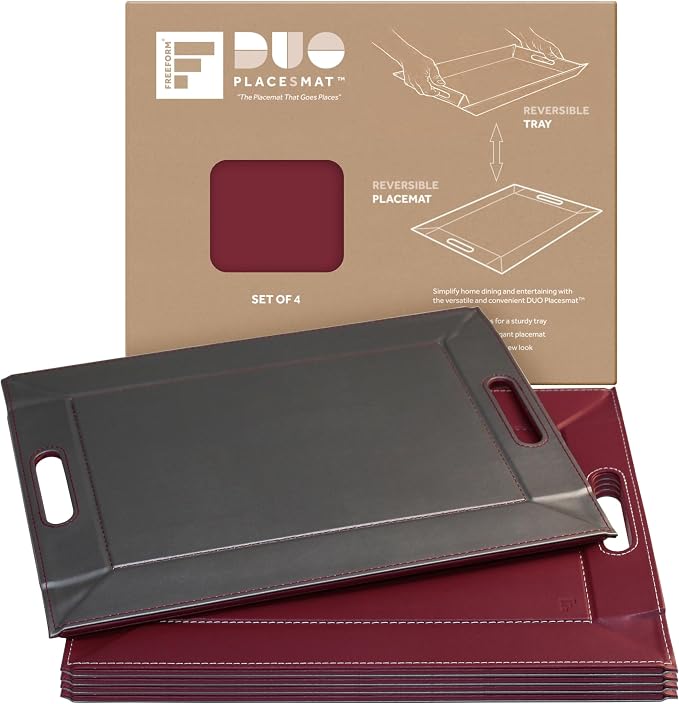 FREEFORM PLACEsMAT 2-in-1 Faux Leather Placemat & Serving Tray | Reversible Design, Lays Flat & Easy to Clean | Ottoman Food Tray, Perfect Housewarming Gift, 18” x 14” (Burgundy & Gunmetal, Set of 4) by FREEFORM