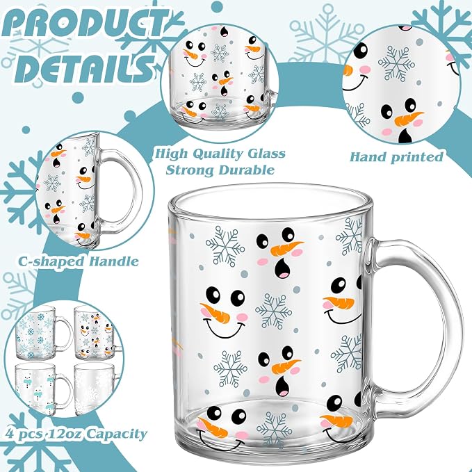 Tioncy 4 Pcs Winter Coffee Glass Mugs 12 oz Christmas Snowman Glass Cups with Handle Winter Coffee Cup Snowflakes Mug White Holiday Gifts Drinking Containers for Xmas Party Supplies - Image 3