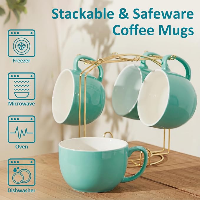 Teocera 16oz Large Coffee Mugs Set of 4 - Thick Mint Green Porcelain Cups for Cappuccino, Latte, Tea & Hot Chocolate - Dishwasher Safe Ceramic with Comfort Grip Handles - Image 6