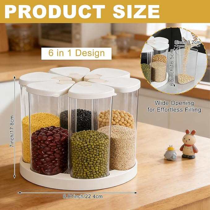5-10 lbs Rice Dispenser 6 Grids 360° Rotating Cereal Dispenser Countertop BPA-Free PET Grain and Rice Storage Container with Lids Dry Food Dispenser Grain Canister Sets for Oats Flour Corn Flakes - Image 2