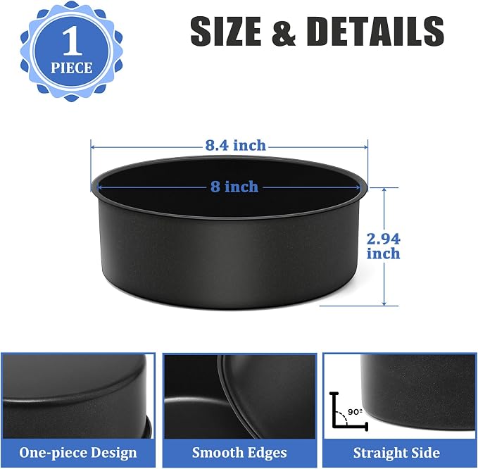 P&P CHEF 8 Inch Cake Pan Set, 1Pc Non-stick Round Baking Cake Pans Tins | Stainless Steel Core & Nonstick Coating, Good for Baking Layer Tier Cakes for Birthday Wedding, Deep Side & One-piece Design - Image 2