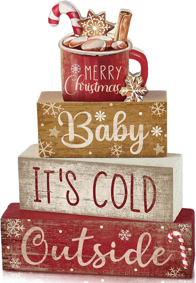 Moucuny 4 Pcs Christmas Table Decor Wooden Hot Cocoa Decoration Christmas Centerpiece Winter Tiered Tray Decor Decorative Red Hot Cocoa Block Signs Gift Farmhouse Xmas Decoration for Home Kitchen by Moucuny