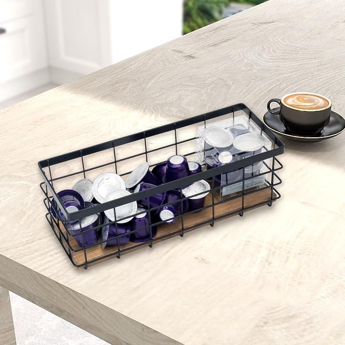 TIEYIPIN Farmhouse Decor Metal Wire Storage Baskets, Wood Base Containers Organizing Basket Caddy Bin for Kitchen Cabinets, Bathroom, Pantry, Garage, Laundry Room, Closets - Small - Black (Set of 3) - Image 4