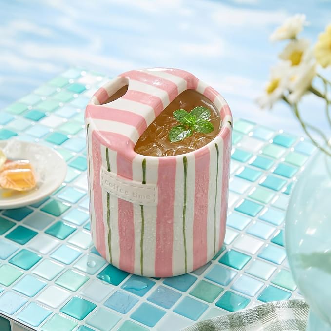 1 Pack Ceramic Coffee Mug with Sip Hole Espresso Cup 10oz with Straws Retro Hand Painted Striped Ceramic Iced Coffee Tea Travel Mug Latte Cup for Kitchen Dining (Simple,Pink and Green) - Image 4