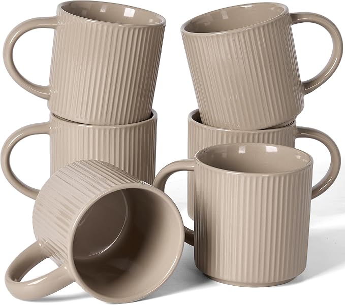 famiware Coffee Mug Set for 6, Star 12 oz Catering Mugs Cup Set with Handle for Coffee, Tea, Cocoa, Milk- Ceramic Stoneware Drinkware Set, Cinnamon Brown by Famiware