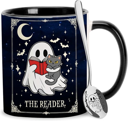 Hyturtle Cute Ghost with Cat Coffee Mug with Spoon for Halloween Birthday | Funny Ghost Tarot Gifts for Readers, Book Lover Mug, Book Club Gifts, Premium 11oz Ceramic Coffee Tea Cup, Double-sided print by Hyturtle