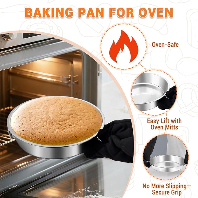 BEWOS 103 Pcs 7.4" Round Cake Pans - Nonstick Stainless Steel Cake Pans with 100 Pcs Parchment Paper, Non-Toxic Cake Baking Pans with Handles, Mirror Finish & Dishwasher Safe - Image 4