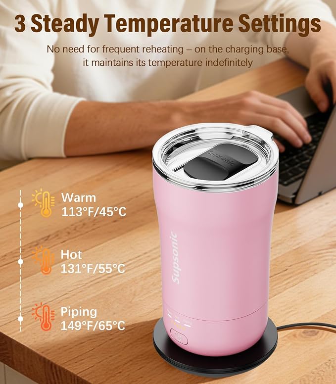 Supsonic - 14oz Heated Coffee Mug, Self-Heating Travel Mug with 3-Temp Settings, Insulated Stainless Steel Constant Temperature Heating Mug for Beverage, Smart Heating Portable Coffee Mug | S1 - Image 2
