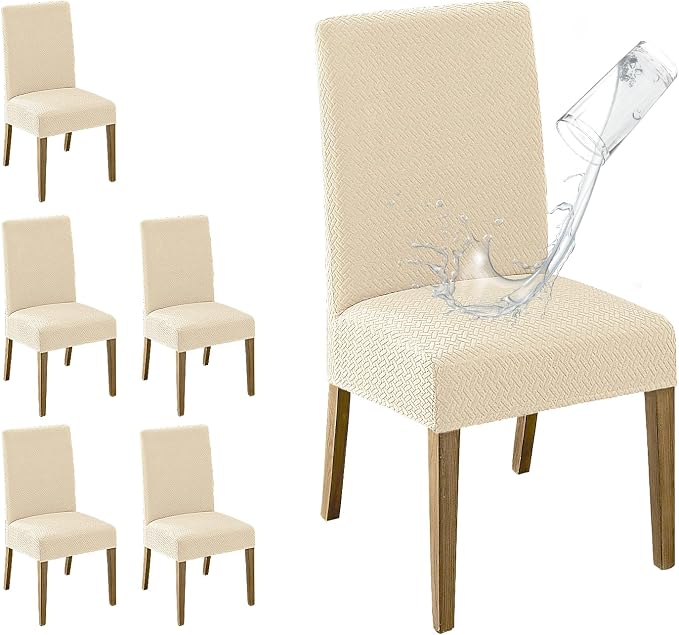 MOSAYT 100% Waterproof Dining Room Chair Covers Set of 6, Super Fit Stretch Jacquard Parson Chairs Slipcovers Removable Washable Chair Seat Protectors for Home, Kitchen, Banquet (Beige) by MOSAYT