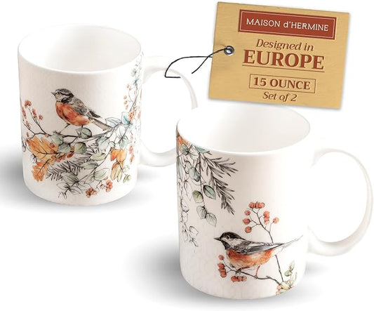 Maison d' Hermine Coffee Mug with Handles Tea Cups (15 Ounce, Pack of 2) | Fine Bone China Coffee Mugs for Hot Beverages Cappuccino Latte Home Restaurant Hotel Spring Summer -Whitish Shabby Chique by MaisondHermine