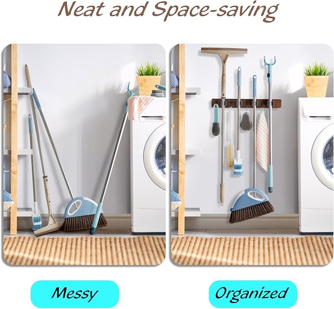 OUTNILI Mop and Broom Holder Wall Mount - Wood Broom Mop Hanger - Wall Mounted Garden Tool Rack Organizer for Closet Garage Laundry Room, Rustic Kitchen Decor With 4 Slots & 4 Hooks - Image 3