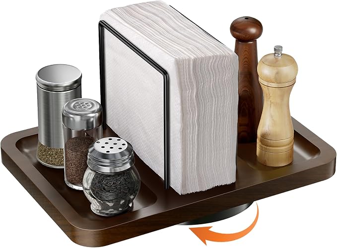 Rotating Napkin Holder for Table with Salt and Pepper Shakers Caddy | Standing Napkin Dispenser, Wood Paper Towel Holder for Bathroom Kitchen Dining Table Decor by Gomyrod