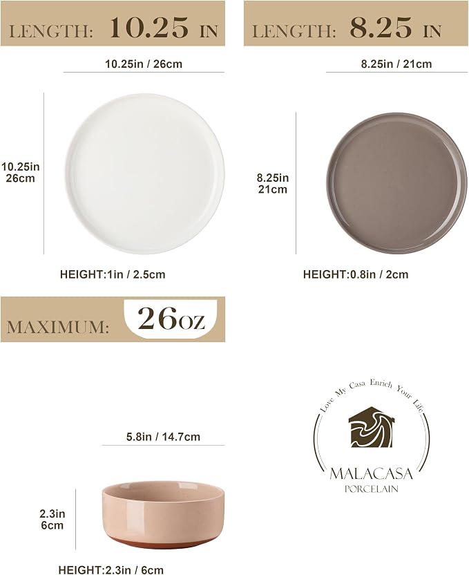 MALACASA Plates and Bowls Sets, 12 Pieces Modern Stoneware Dinnerware Set for 4 Kitchen Dinner Set Ceramic Dishware Dishes Set Microwave and Dishwasher Safe, Multicolor, Series TARA - Image 2