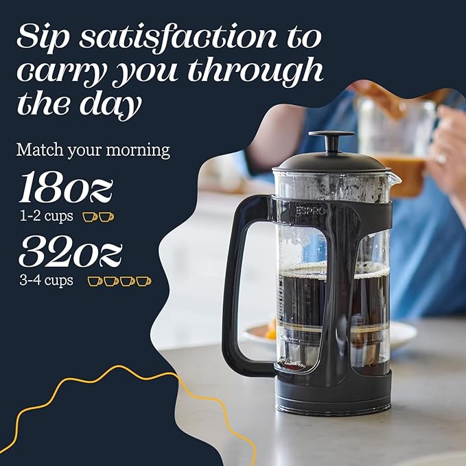 ESPRO P3 French Press Coffee Maker – Patented Double Micro-Filter for Grit-Free Brew, Heat Resistant thicker Borosilicate Glass Coffee press – (18 oz)