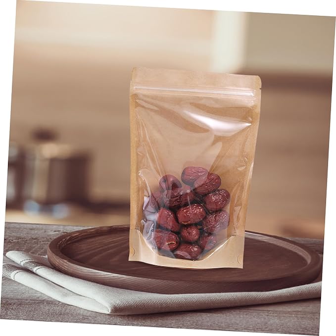 Zerodeko 50PCS Semi- Kraft Paper Resealable Bags Stand-Up Food Storage Pouches Airtight Sealable Snack Bags for Dried Fruits Party Treats and Candy Wrapping - Image 7