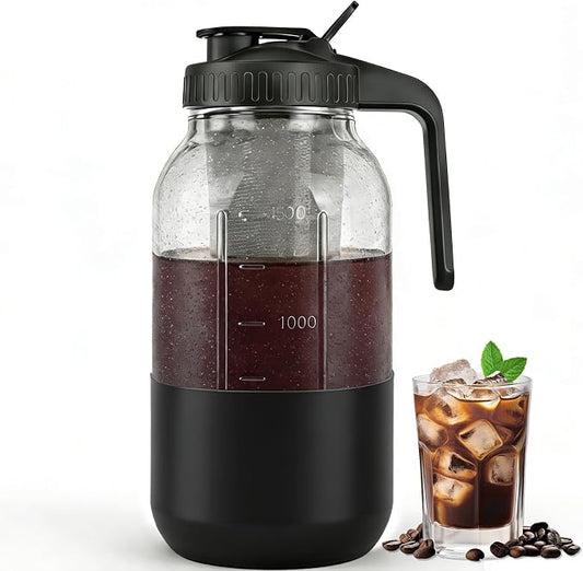 Cold Brew Coffee Maker, 64oz Mason Jar Pitcher with Stainless Steel Filter, Leak-Proof Lid with Pour Spout & Handle, Heavy Duty Glass Iced Coffee Tea Brewer with Protective Silicone Sleeve-Black by QHH