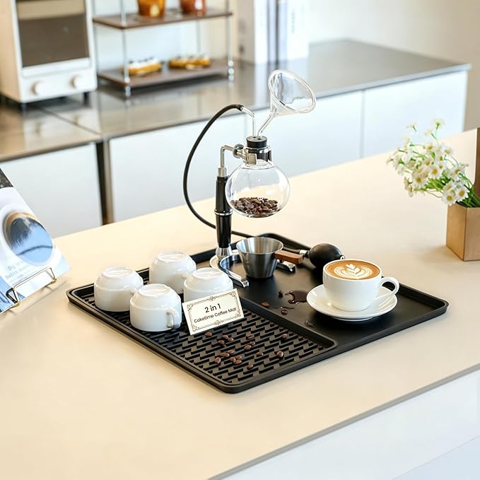 Caketime 2 In 1 Silicone Coffee Bar Mat Accessories for Ninja Coffee Maker with Detachable Dish Drying Rug Kitchen Countertop Under Sink Drainer Appliances New Home Decor 16"x16" Black by CAKETIME