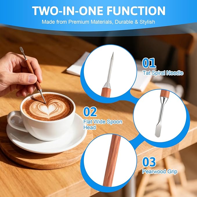 2 PC Latte Art Pen Set, Stainless Steel Coffee Drawing Tool with Wood Handle, Double - Ended Latte Art Pen for Barista, Home & Cafe Use to Create Intricate Coffee Designs