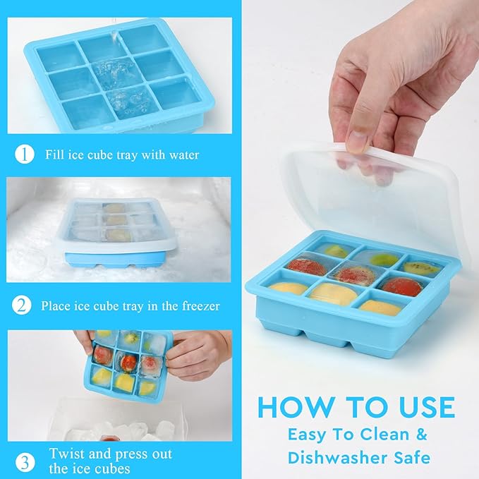 2 Pack Silicone Ice Cube Tray with Lid,Small Ice Trays for Freezer,Ice Cube Trays for Mini Fridge Freezer with Cover,Square Ice Cube mold for Cocktail,Coffee,Drinks,Baby Food,BPA Free,Blue