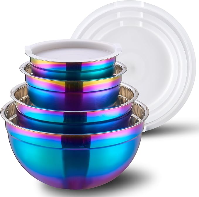 4 Piece Rainbow Mixing Bowls with Lids for Kitchen, Stainless Steel Mixing Bowls Set Ideal for Baking, Prepping, Cooking and Serving Food, Nesting Metal Mixing Bowls for Space Saving Storage by DINYWOW