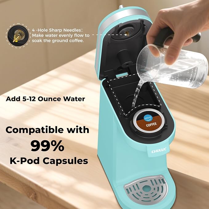 CHULUX Mini Coffee Maker for K Capsule, Single Serve Coffee Maker for One Cup Americano, Lightweight Pod Coffee Machine, Aqua | Fast-Heating Boiler System, Single Cup Brewing, Portable Compact Design, Four-Hole Multi-Stream Needle, Adjustable Drip Tray - Image 6