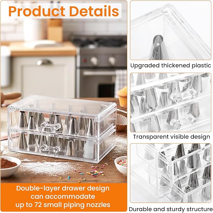 Double Layer Piping Tip Box with 100 DIY Flower Nails 72 Small Piping Tips Drawer Baking Cake Supplies Decoration Tool Storage Box