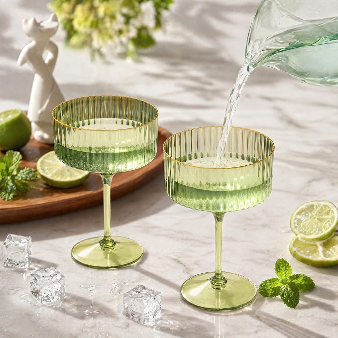 50 PCS Ribbed Martini Glasses Bulk 10oz Green Champagne Martini Glasses Plastic Gold Rim Espresso Martini Glass Vintage Coupe Glass Margarita Glasses Glassware Dessert Cup for Birthday Party Wedding - Image 5