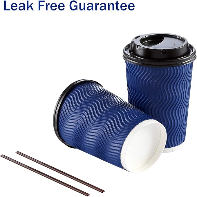 Kindpack Disposable Coffee Cups with Lids and Straws 12 oz (90 Set) - Hot Paper Coffee Togo Cup with Lid To Go for Hot/Cold Beverages Espresso Tea Water Insulated Reusable Durable Drinks Ripple Cups