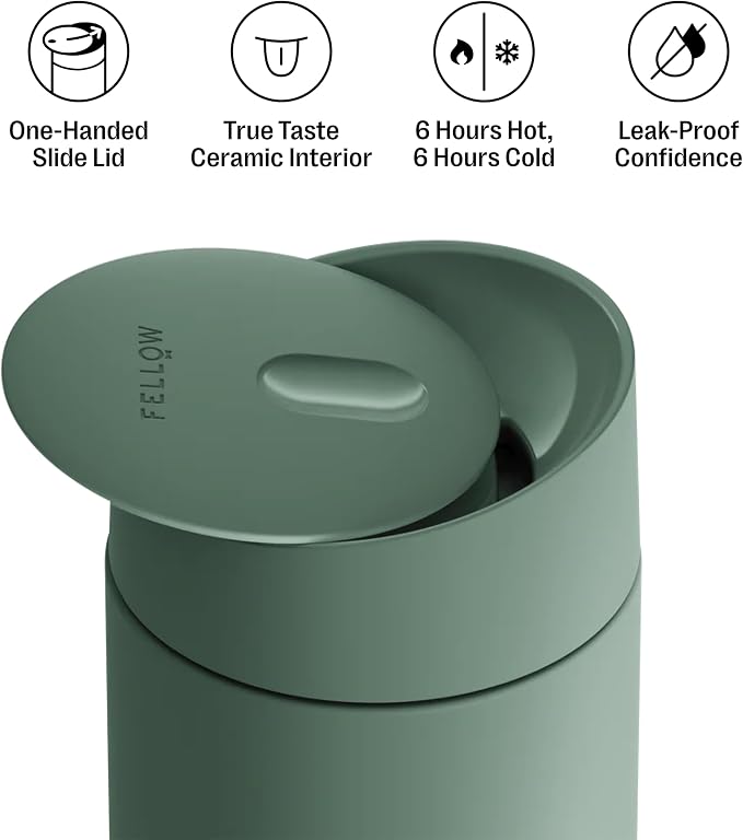 Fellow Carter Slide Ceramic Lined Travel Coffee Mug 12 oz, One-Handed Lid | No Metallic Taste Stainless Steel Coffee Tumbler, Leak-Proof, Hot 6Hr Cold 6Hr, BPA-Free, Dishwasher Safe, Smoke Green - Image 2