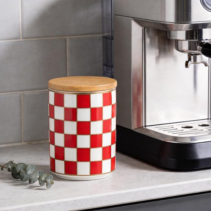 Kitchen Countertop Ceramic Checkered Canisters,Black And White Food Storage Containers With Lid,Airtight Kitchen Canisters for Flour, Sugar, Coffee, Tea, and Dry Goods (Red, Small) - Image 5